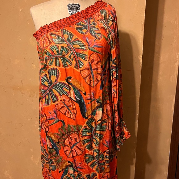 Farm Rio M Fiji One Shoulder Side Pockets Orange Toucan Print - Picture 5 of 13
